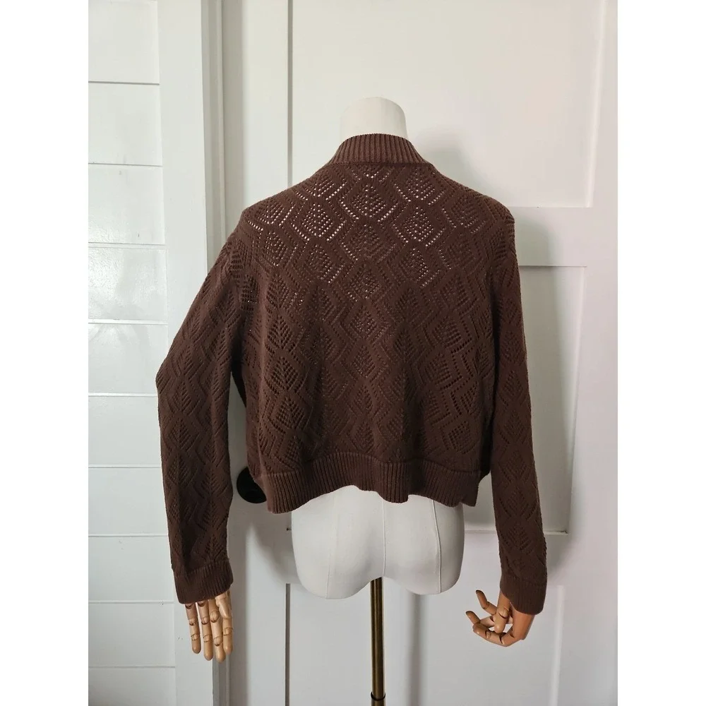 Worthington Cropped Cardigan Sweater XL Brown Open Front Pointelle Knit Cotton